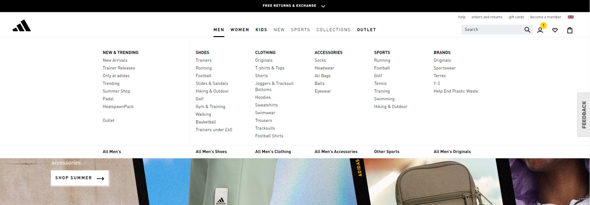 Mega menu w sklepie internetowym Adidas