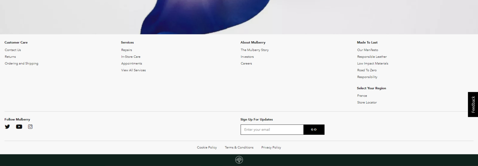 Footer in Mulberry online store