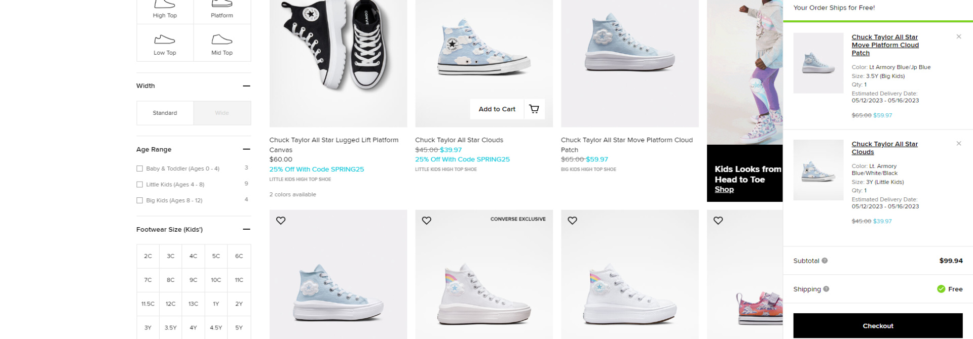 Widget koszyka w sklepie internetowym Converse