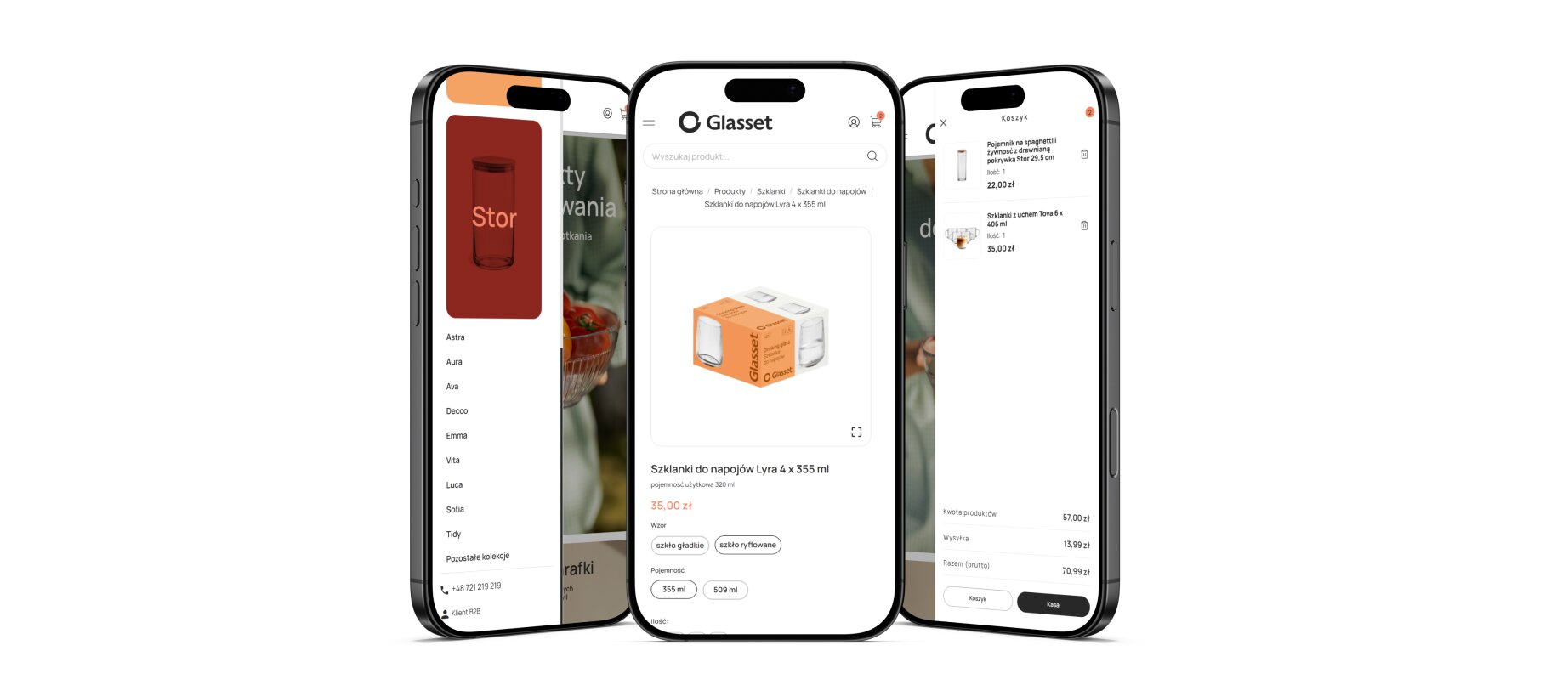 Mobilny widok sklepu Glasset z kategoriami szkła